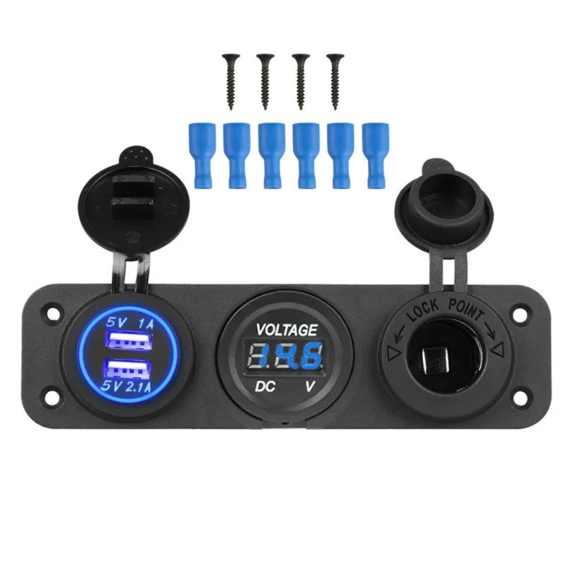 Bluejw 3-in-1 Car Charger Socket Panel: 12V Dual USB Power Outlet, Digital Voltmeter & Cigarette Lighter Adapter for Automobiles - Image 1